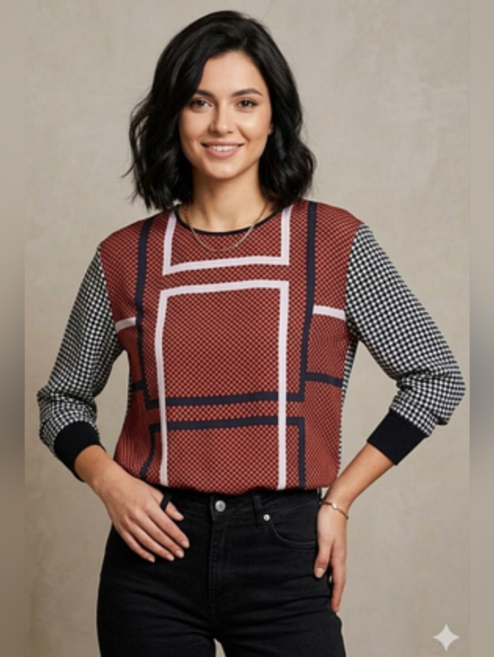 Michael Kors Geometric Print and Knit Trim Top - Semi Sheer - Sporty - Size L
